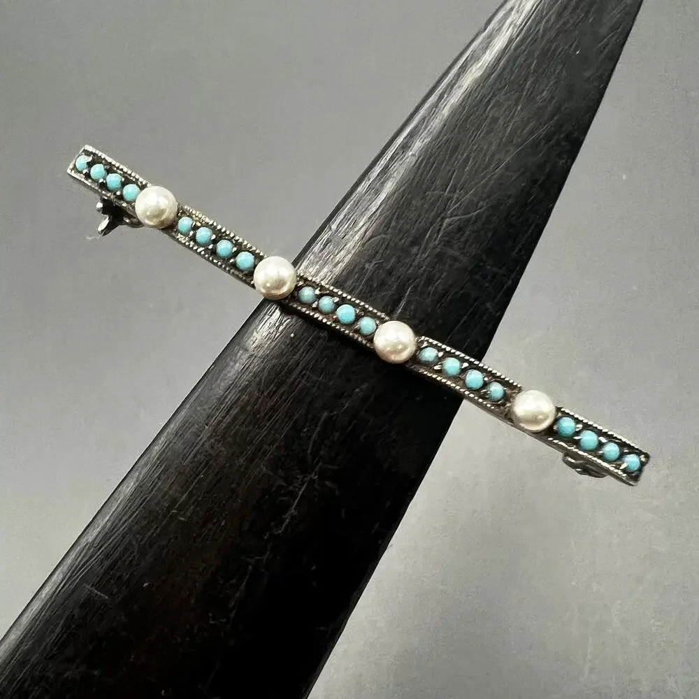 Antique Sterling silver Faux Turquoise and Pearl Bar pin Brooch